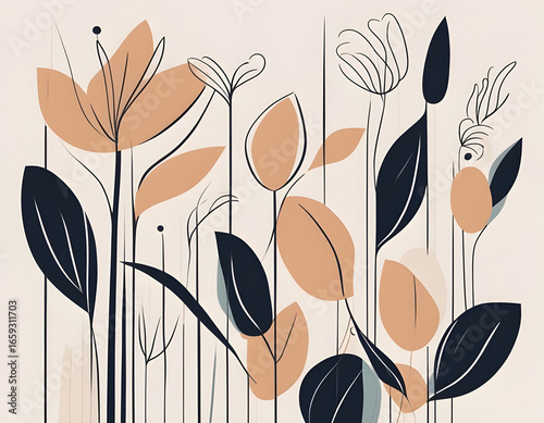 Abstract floral design with overlapping leaves in blue