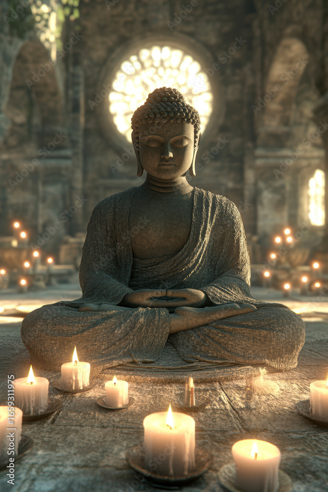 Fototapeta premium Serene Buddha Statue with Candles – AI Generative