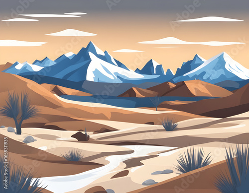Snow-capped mountains under a pale sun, with desert foreground and scattered shrubs.