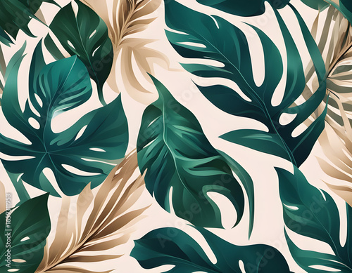 Vibrant pattern of green and beige tropical leaves on a light background.
