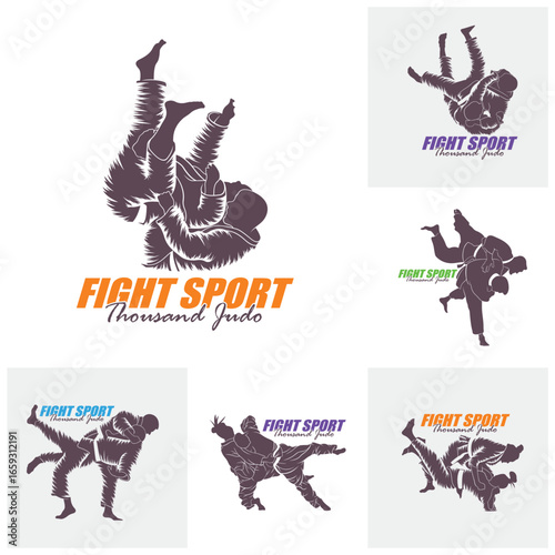 Set of Judo Fighter logo design vector. Silhouette Judo Fighter Template Illustration