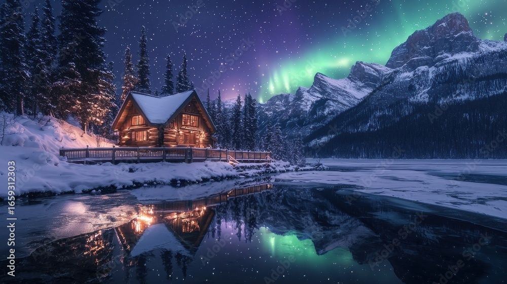 Fototapeta premium Northern Lights over Snowy Cabin and Frozen Lake