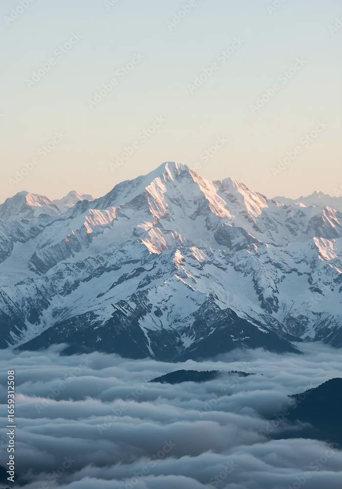 Obraz premium Breathtaking view of a snow-dusted mountain range, softly illuminated by warm morning light over clouds