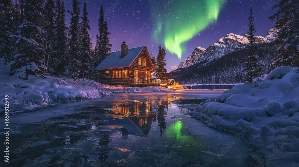 Fototapeta premium Winter Cabin with Northern Lights Reflection