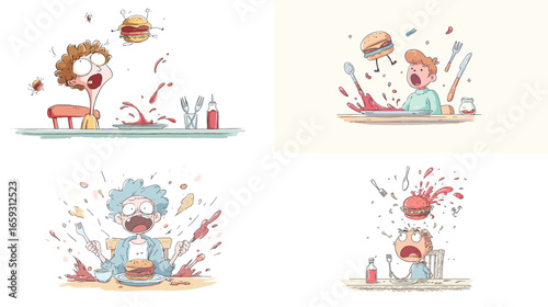 Comical cartoon illustration of people having food accidents with burgers and drinks, perfect for humor, fast food, and lifestyle design concepts.