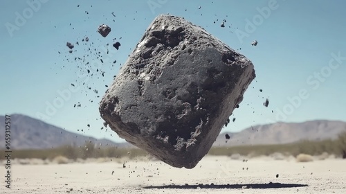 Levitating concrete block with debris in a desert landscape creates a surreal scene