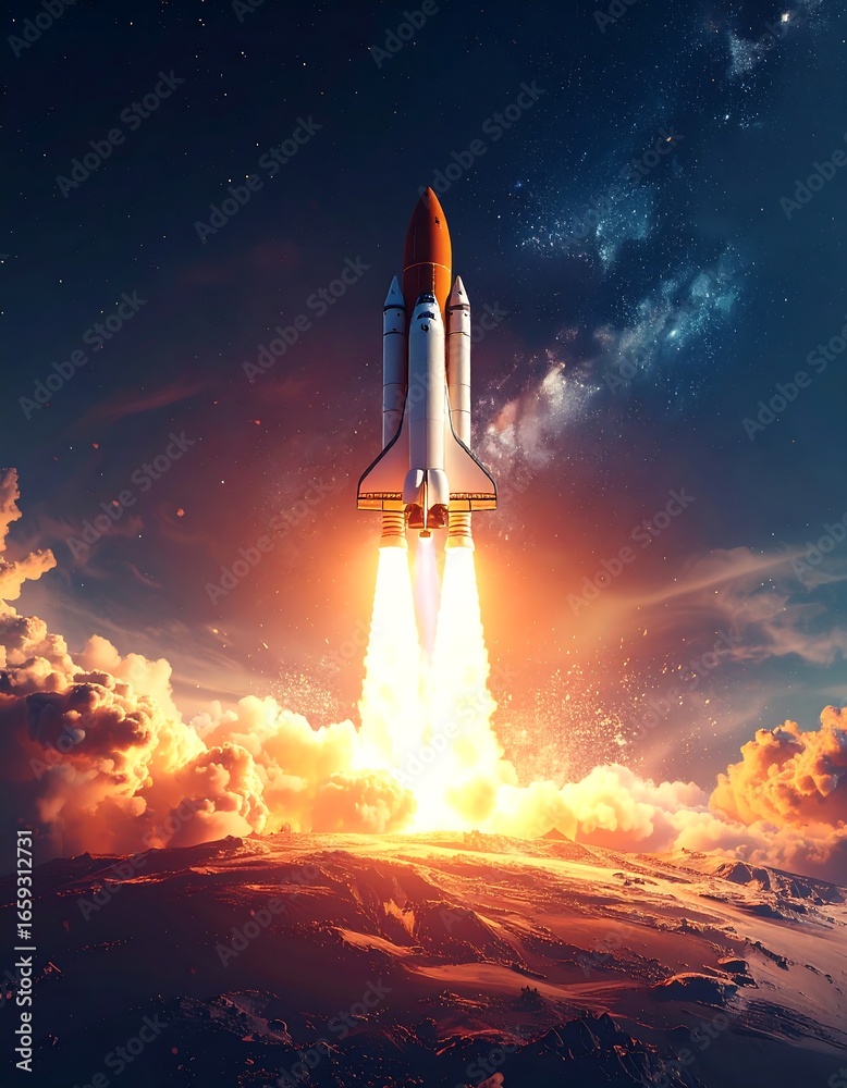 Obraz premium Rocket launch into starry sky