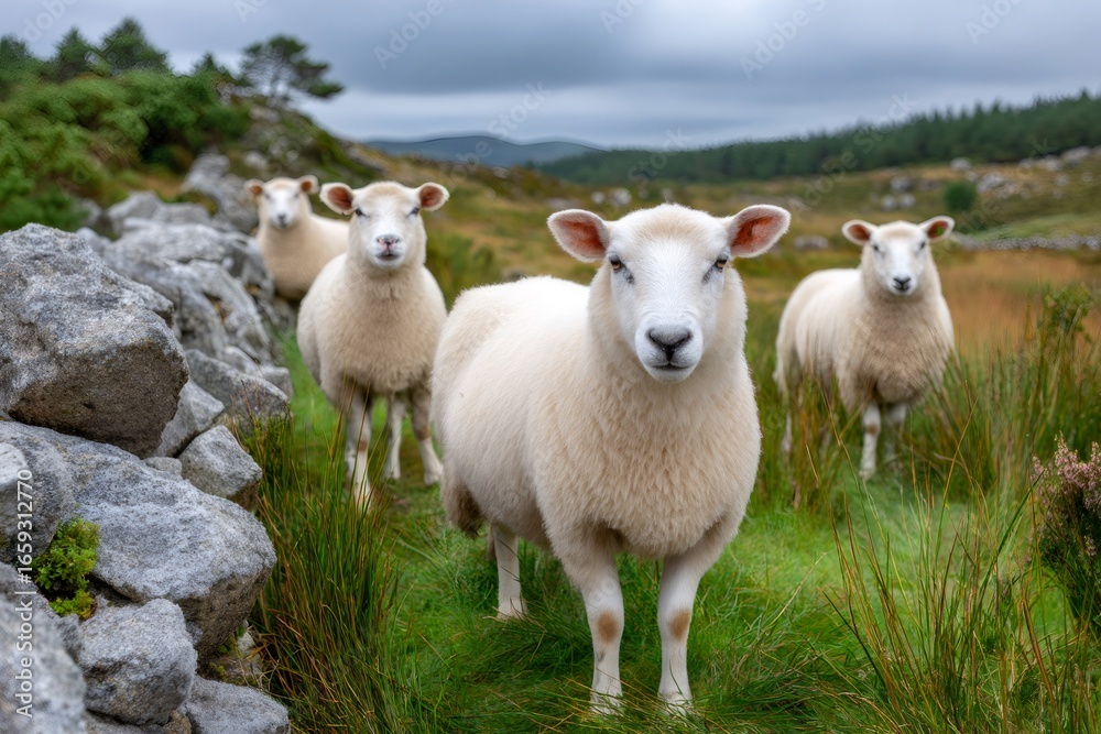 Obraz premium Sheep grazing in green field near stone wall in Connemara, Ireland