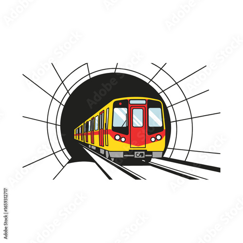 Vibrant Yellow and Red Subway Train Entering Dark Tunnel on Railroad Track for Urban Public Transportation Adventure