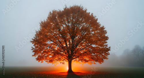 Enigmatic arboreal display of autumnal splendor bathed in a luminous aura amidst a misty atmosphere, evoking a sense of serene beauty and introspective contemplation