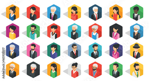 Diverse Isometric People Avatar Icons Flat Design Concept, Business, Users, Team, Profile, Communication, Corporate, Hexagon