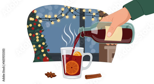 Pouring Mulled Wine into Mug with Orange Slice Star Anise and Cinnamon Sticks in Pixel Art Cozy Winter Scene with Christmas Tree Decoration