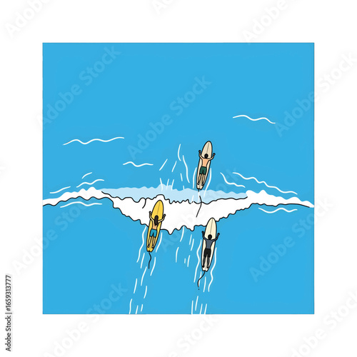 Aerial View of Surfers Riding Waves on a Sunny Day with Blue Ocean and White Water Spray Graphic Illustration