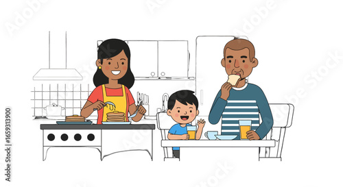 Happy Family Enjoying Breakfast in Bright Kitchen Illustration with Pancakes Juice and Toast Minimalist Domestic Scene Cheerful and Bonding