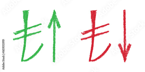 Hand drawn turkish lira currency symbol Growth and fall profit with arrow up and down Brush stroke doodle Element for design