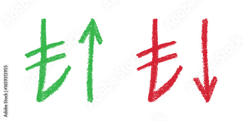 Hand drawn turkish lira currency symbol Growth and fall profit with arrow up and down Brush stroke doodle Element for design