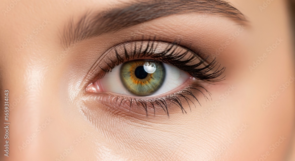 Obraz premium Closeup of a green eye with brown eye shadow long eyelashes and a welldefined eyebrow