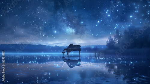 A piano floating in a starlit lake