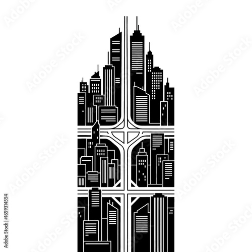 Detailed Black And White Cityscape Illustration with High Rise Buildings Geometric Design and Modern Urban Architecture Isolated on White Background