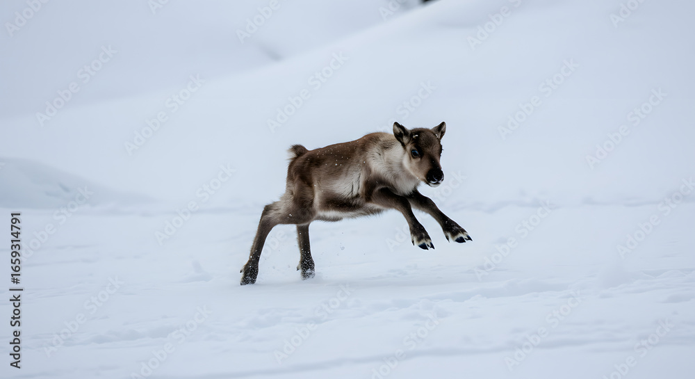 Naklejka premium Young Reindeer Leaping Through Deep Snowy Field in Winter
