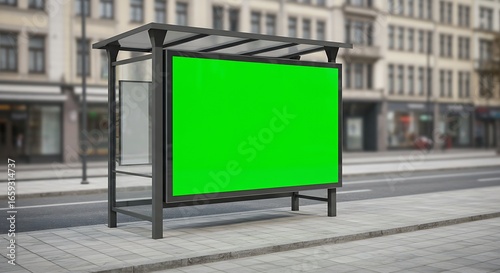 Blank green screen advertising billboard at a city bus stop. Outdoor commercial mockup with chroma key on an urban street.