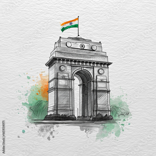 India Gate Watercolor Illustration with Indian Flag – New Delhi Landmark.