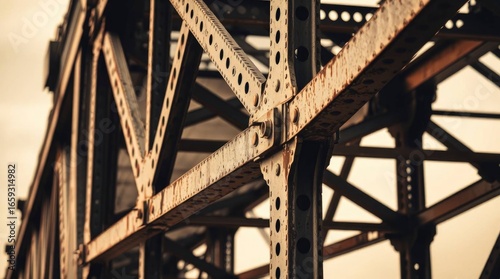 Closeup view of riveted rusted iron bridge structure showing multiple beams and joining points