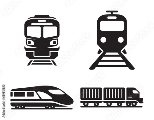 Train Icon Set Railway Transport, High Speed Bullet Train, Cargo Freight and Metro Vector Symbols