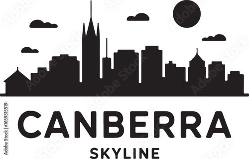 Canberra Skyline Horizontal Banner | Black Vector Silhouette on White Background