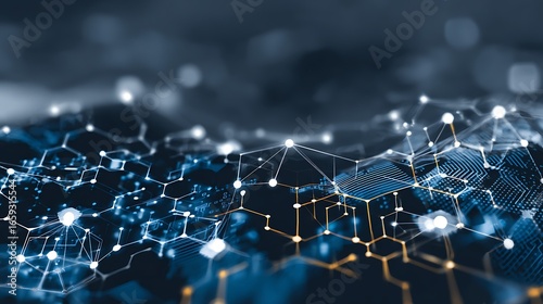 Abstract network visualization with interconnected nodes and glowing data streams on a dark futuristic background