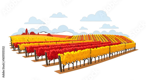 Pixel Art of Colorful Vineyard Rows with Red and Yellow Vines Under a Blue Sky