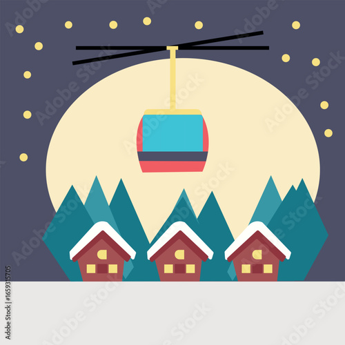 Red gondola lift travels over snowy village with pine trees and glowing night sky Illustration