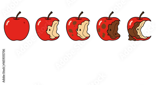 Pixel Art Sequence Showing Apple Stages From Fresh to Rotten in White Background
