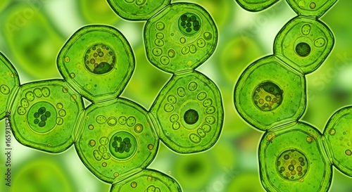 Green plant cells grouped together visible with a chloroplasts containing cell walls magnified view