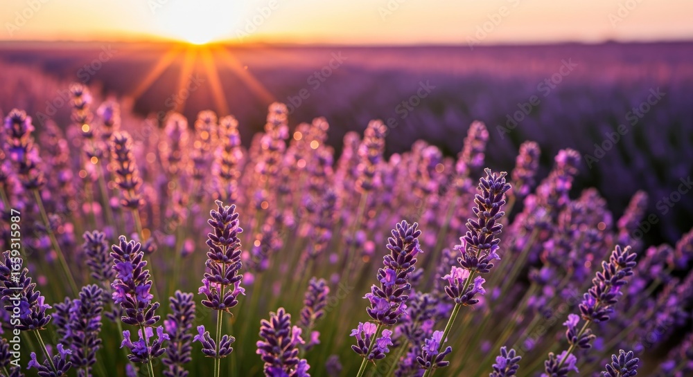 Fototapeta premium Lavender field at sunrise purple flowers foreground distant sun