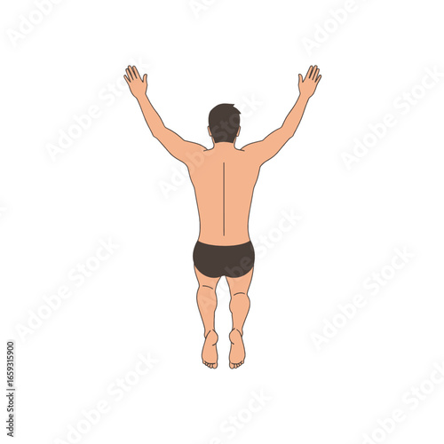 Man in Swimsuit With Arms Raised Against Clear White Background in Vector Illustration Style