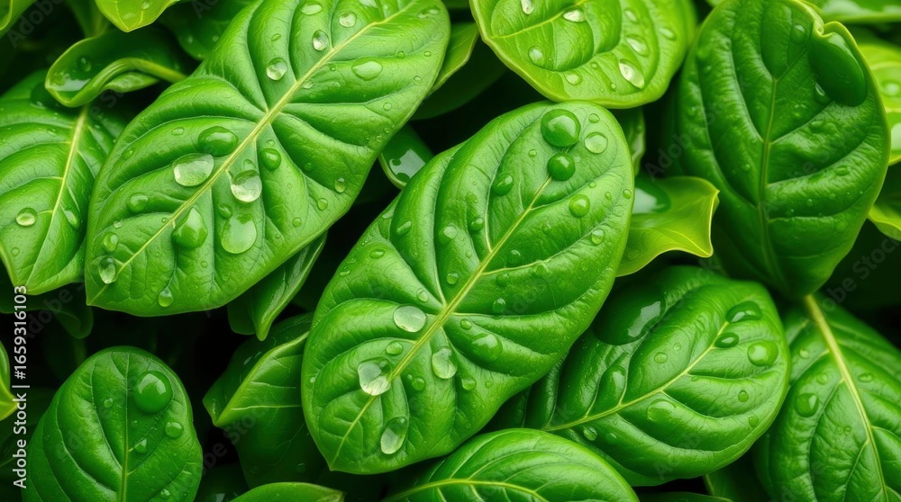 Fototapeta premium Lush green leaves with water droplets cling highlighting vibrant details and texture