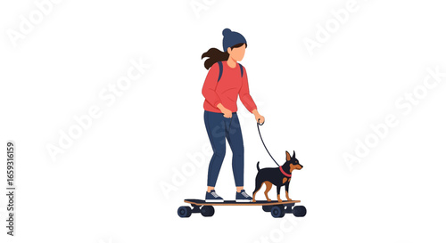 Pixel Art of Woman and Miniature Pinscher on Skateboard in White Background Graphic Illustration