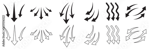 Vector arrows set showing curves and motion.  air flow arrows showing wind circulation and ventilation. Collection of vector arrows with curved, wavy, and dynamic designs representing flow, rotation. 