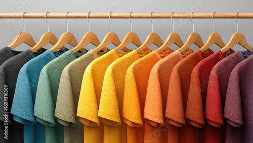 Row of colorful t-shirts on wooden hangers (1)