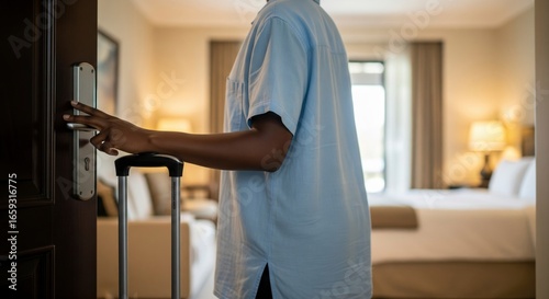 Person enters a hotel room rolling luggage hand on the doors metal handle