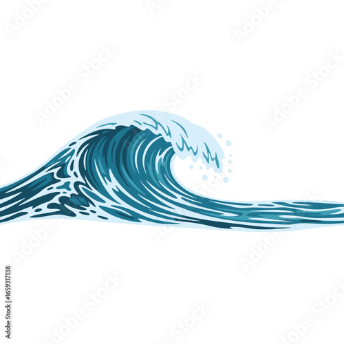Pixelated Turquoise Blue Ocean Wave Illustration on White Background Depicts Forceful Movement in a Digital Style
