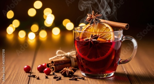 Steaming mug of mulled wine on a wooden surface garnished with orange slices cinnamon stick and star anise Bokeh lights in background