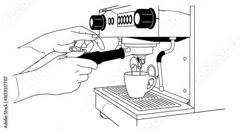 Espresso Machine Operation Preparing Coffee Drink with Steel Equipment in a Domestic Kitchen Black and White Outline