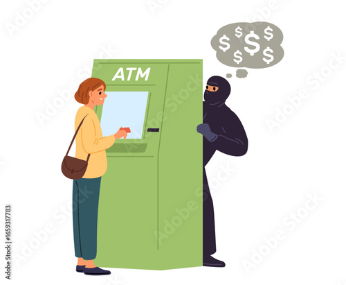 Masked thief steals girls personal details from bank card to take her money. Fraud or robbery. Gangster hiding to steal finance from banking terminal. Phishing risks. Vector concept