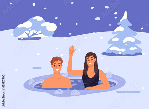 Man and woman swim in ice hole in winter. Bathing in cold water to strengthen immunity and health. Swimming in freeze bath. Hardening in nature. Immersion in frozen lake. Vector concept