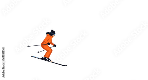 Female Skier in Orange Outfit Descending Snow Covered Slope on a Bright Winter Day