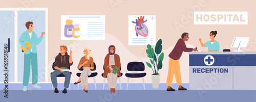 Interior of polyclinic with registration point and patients waiting in line to see doctor. Medical service receptionist. Physician appointment queue. Hospital corridor. Vector concept