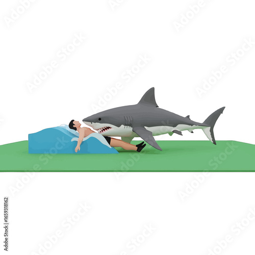 Conceptual Pixelated Image of a Shark Attacking a Man Asleep on an Ocean Wave Bed With Green Field Background
