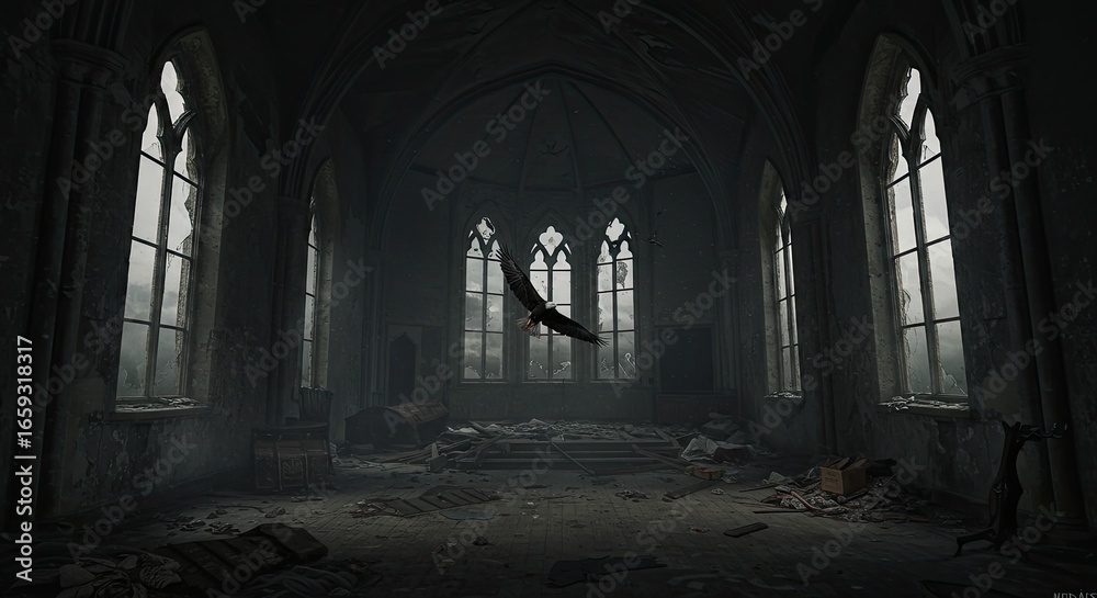 Fototapeta premium Abandoned church interior, eagle soaring, ravaged scene, potential for apocalypse or disaster theme